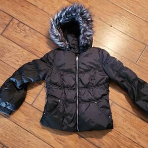 Black Puffer Jacket Girls Size 14 with Faux Fur Hood By Hawke & Co.